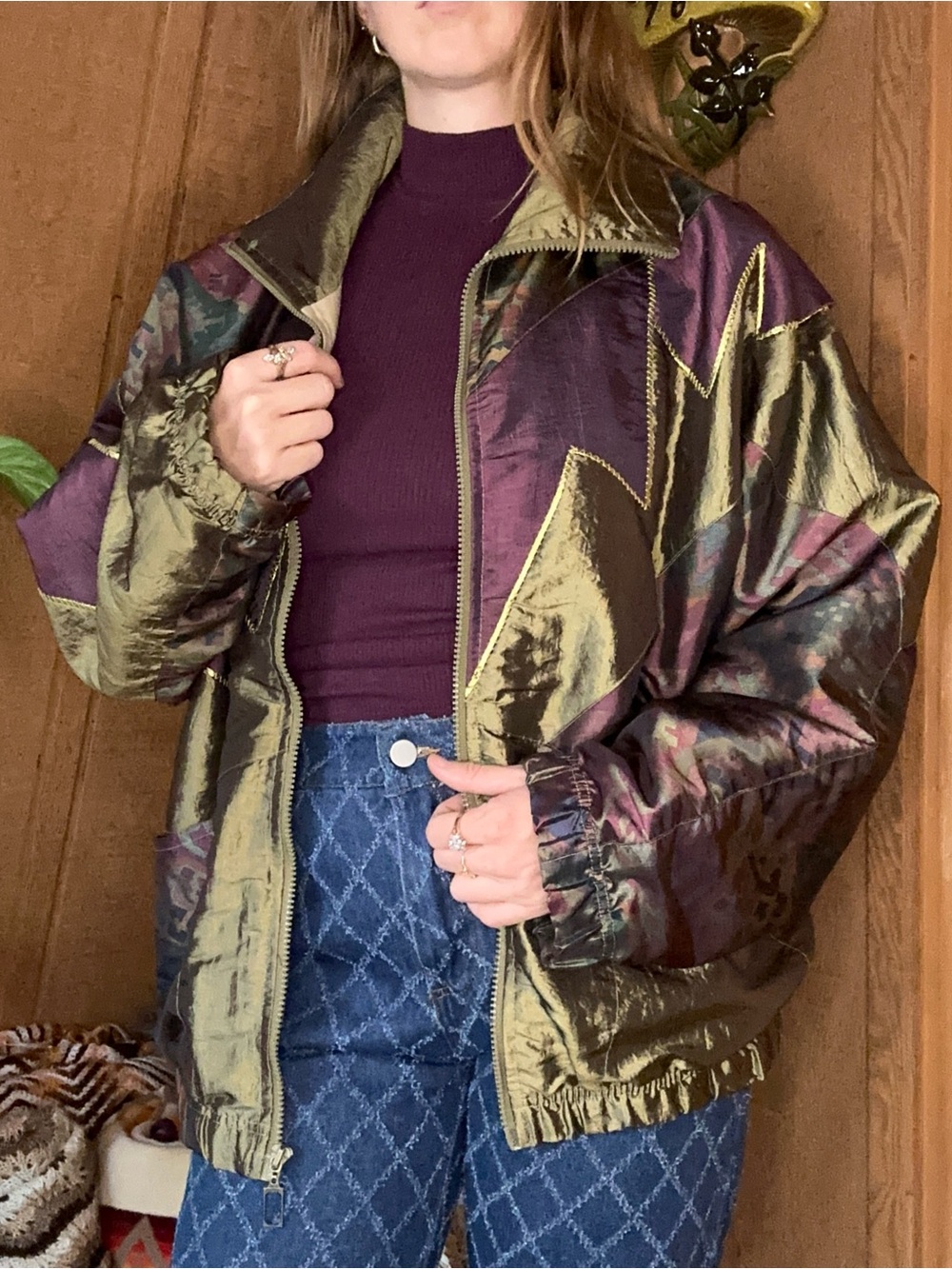 Vintage 1980s Purple & Olive Abstract Patchwork Windbreaker Jacket
